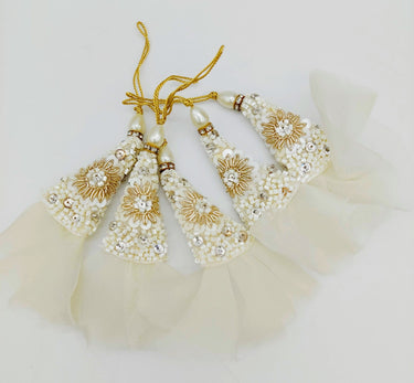 White Beaded Latkan In White Tissue Fabric and Zardozi Floral Embroidery, Indian Latkans, Blouse Latkan Sewing Latkans Bridal Tassels 1 Pair